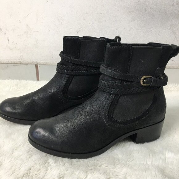UGG 1004207 Women's Krewe Ankle Boots Size 8.5 Black Leather Harness Moto Cozy